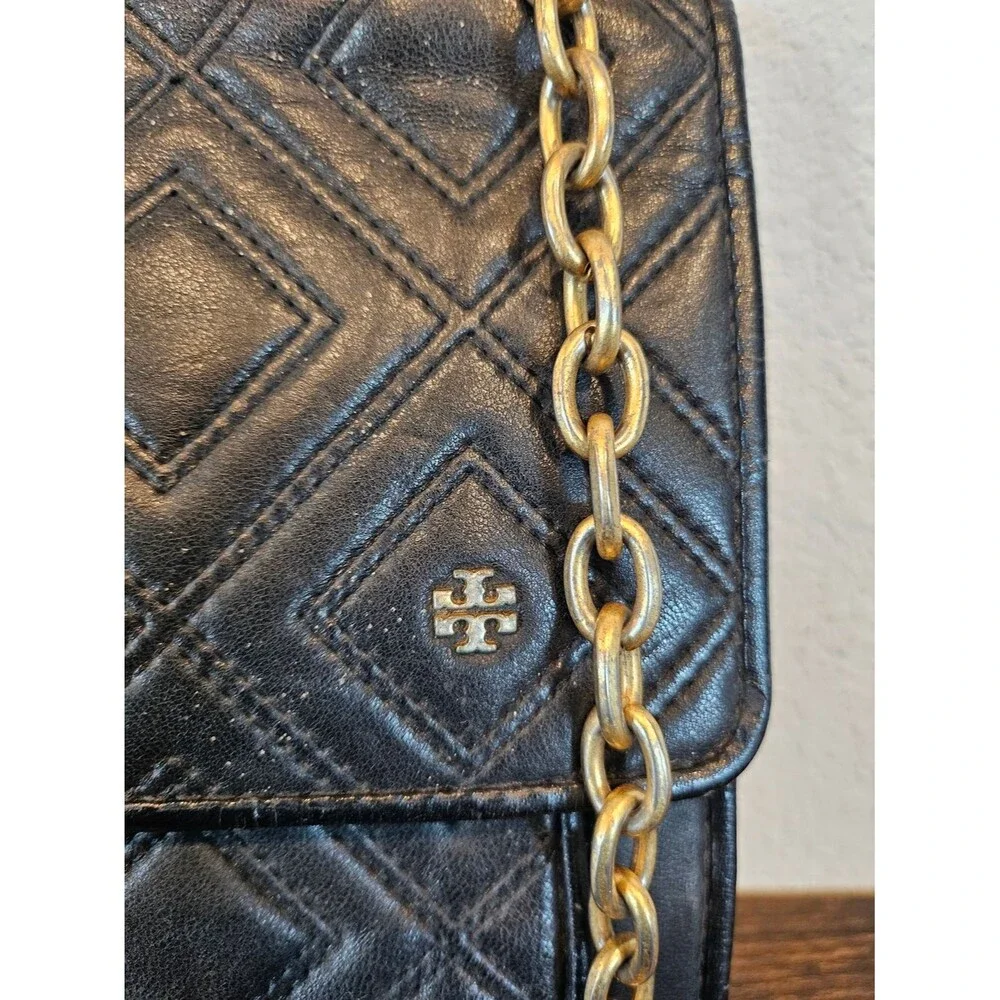 Tory Burch Black Quilted Leather Shoulder Bag with Gold Chain